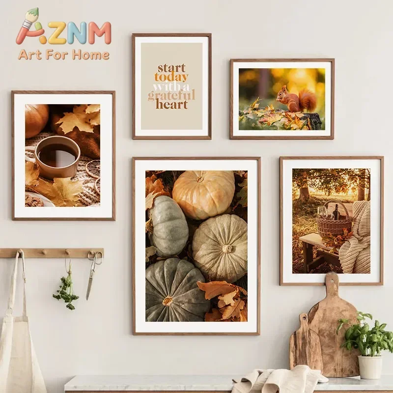 Autumn Tree Leaves Pumpkin Squirrel Coffee Posters Prints Canvas Painting Landscape Wall Art Pictures For Living Room Home De