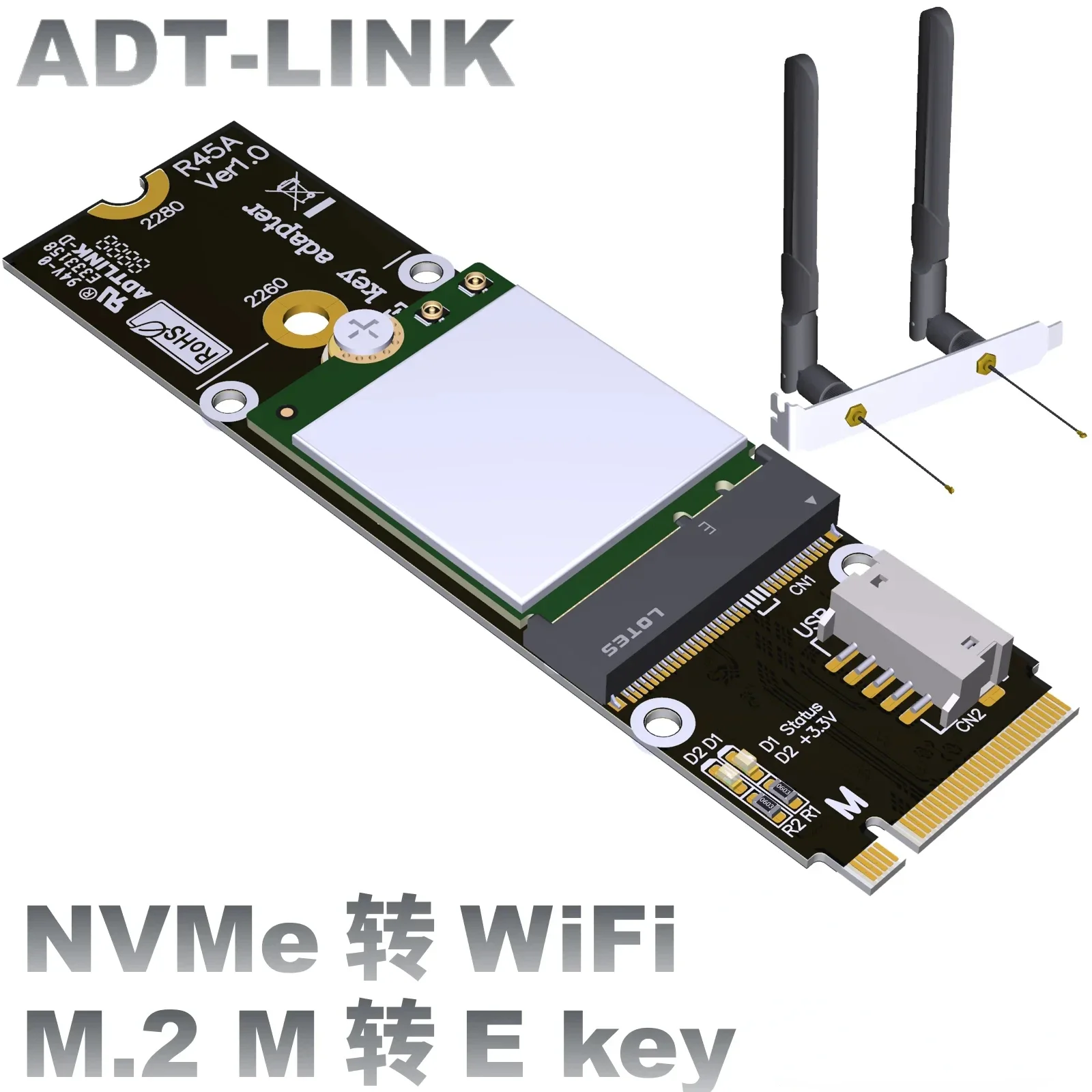 Adaptador M.2 NVMe M Key 2280 A WiFi A/E Key 2230, tarjeta de red vertical inalámbrica INTEL AX210, PCI-E 4,0x2 (WiFi), USB 2,0 (Bluetooth)