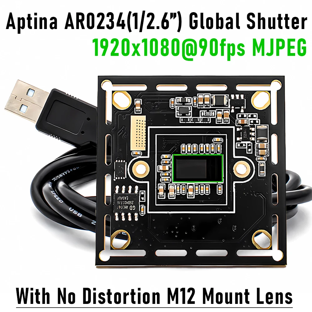 

1080P 90FPS Global Shutter USB Camera, High Speed Web Camera with M12 No Distortion Lens, Plug Play for Machine Vision Security