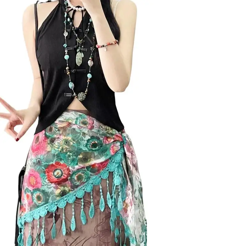 Boho-Quasten-Dreieckstuch Vintage-Blumendruck-Spitzen-Taillenwickelrock Damen-Quasten-Fransen-Schal Strandkopftuch Taillengürtel – Detail 6