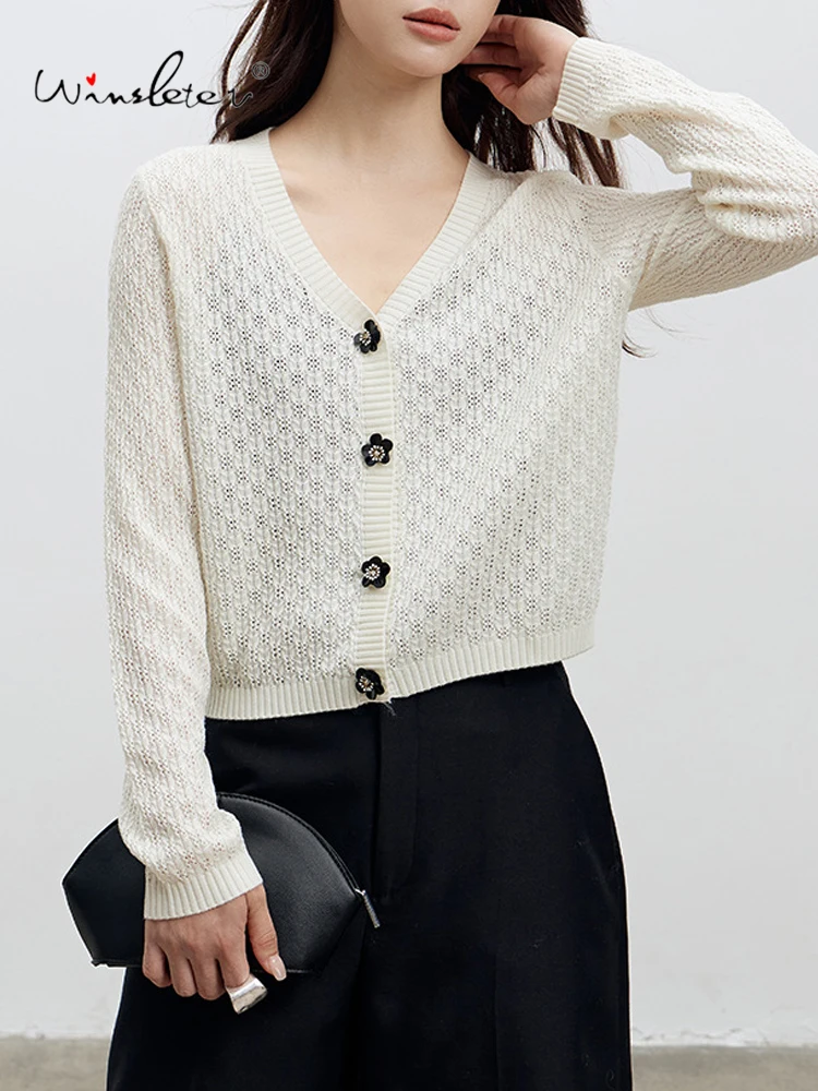 

Winsleter-30.5%Sheep Wool Elegant Sweater, Women V Neck Long Sleeve Hollow Out, Fashion Versatile Cardigan, 2025 Autumn T58639CC