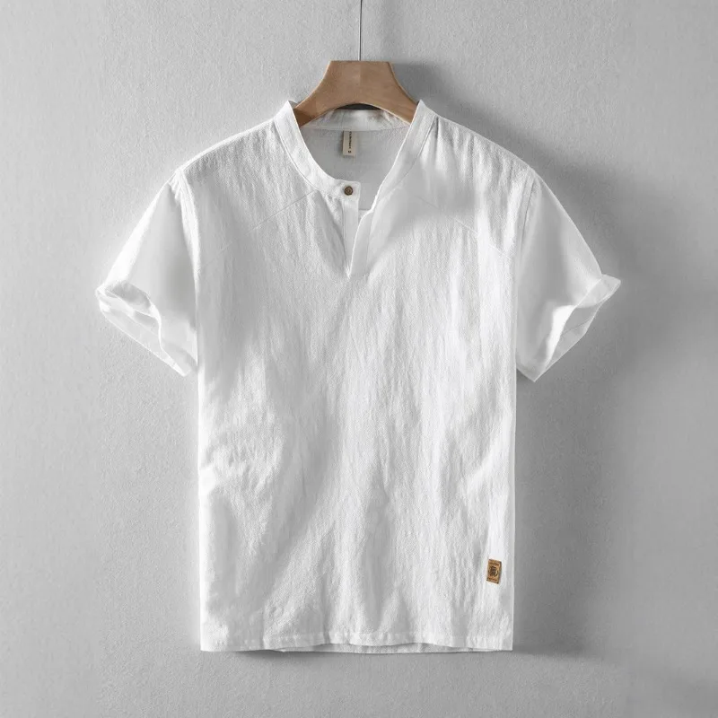 

Men's White Linen Blend Short Sleeve Shirt Henley Neck Casual Loose Fit Summer Top With Small Leather Tag Detail
