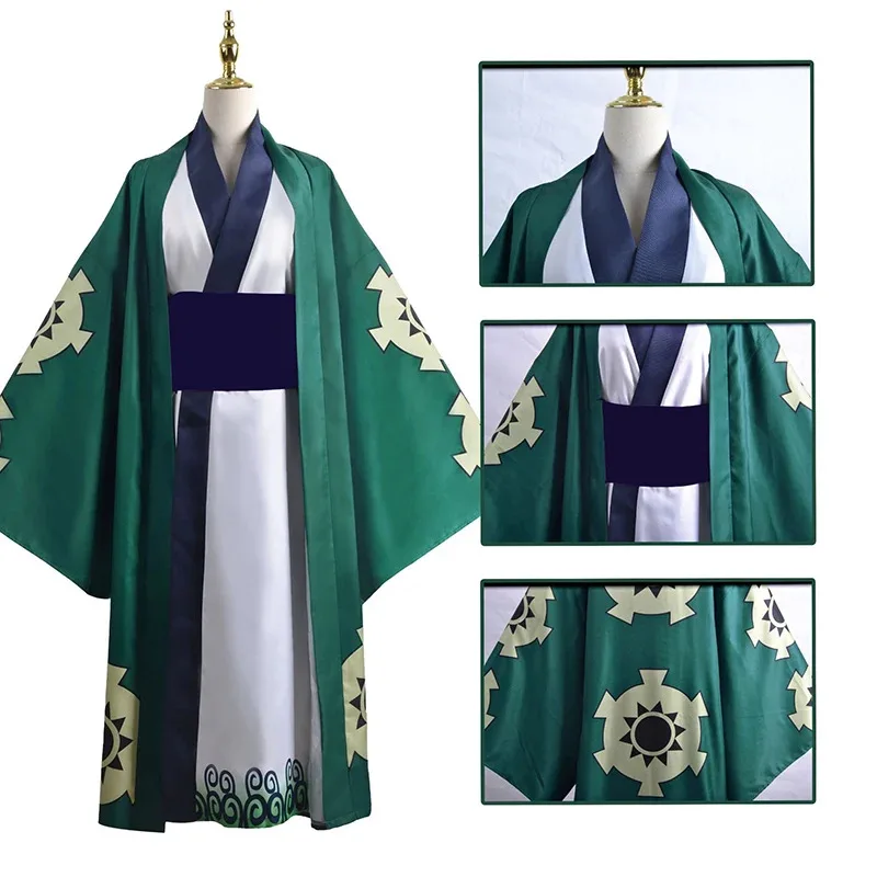 Disfraz de Anime Roronoa Zoro, bata tipo kimono de una pieza, peluca, juego de rol, fiesta de Navidad, Carnaval, Trafalgar Law, traje completo para hombres