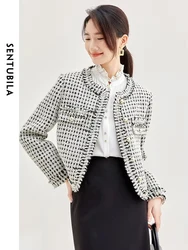 SENTUBILA Elegant Plaid Tweed Jacket for Women Luxury 2024 Office Ladies Autumn Round Neck Straight Tassel Jackets Top 133W50706