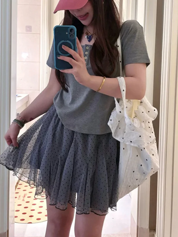 

Summer 2026 Women's Loose Polka Dot Halter Neck T-Shirt And Skirt Set Casual Fashion plus Size Short Sleeve Two-Piece Outfit