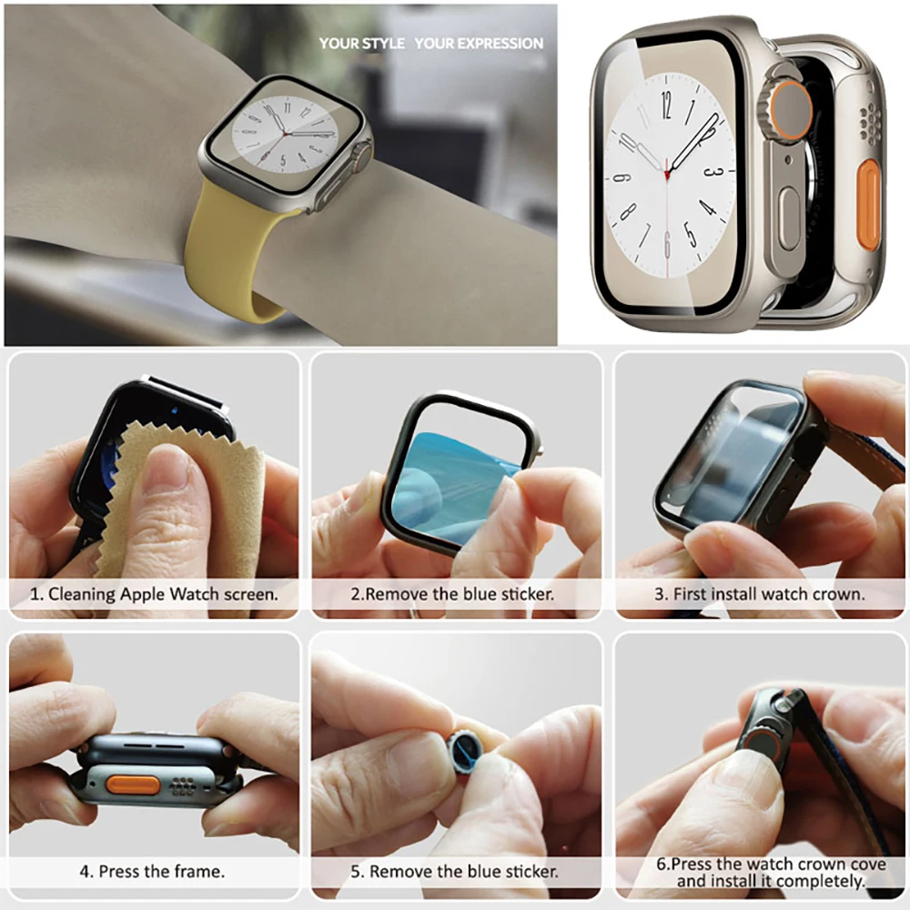 Szkło + etui do Apple Watch 44 mm 45 mm 41 mm 40 mm 42 mm 38 mm Osłona ekranu Zmiana Ultra Bumper iWatch Series 9 8 7 SE 6 5 4