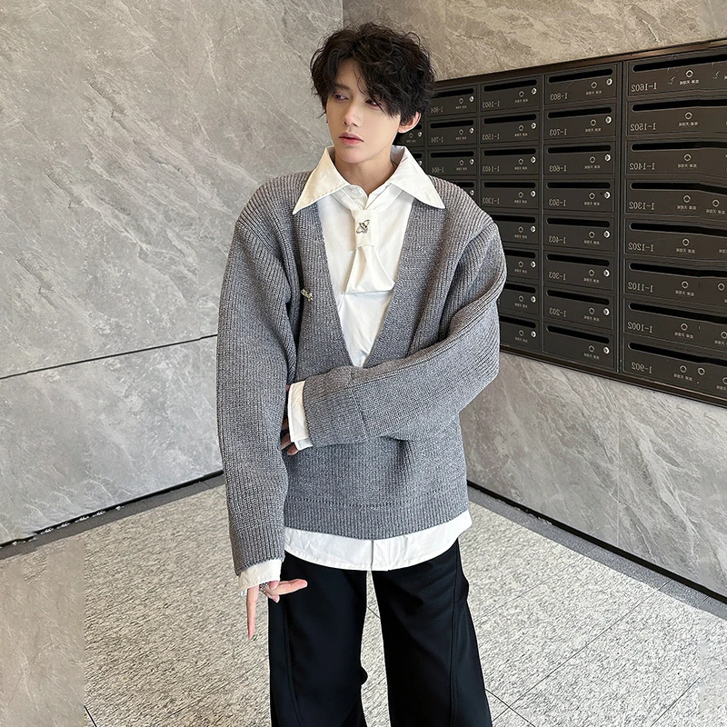 LUZHEN Elegant 2026 Piece New Fashion Design Fake Two Long Sleeve Shirts And Knitted Pullover Handsome Men Casual Sweater JY9124