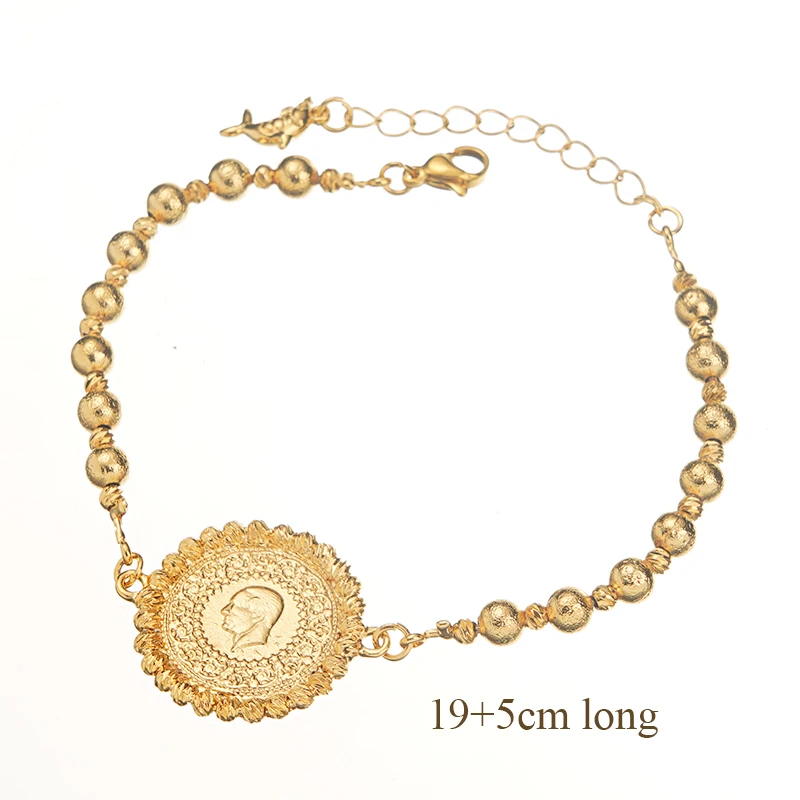 New Gold Plated Beads Chain Necklace Ottoman Turkish Coin Bangles Ethnic Wedding Jewelry Lucky Charm Bracelets for Women