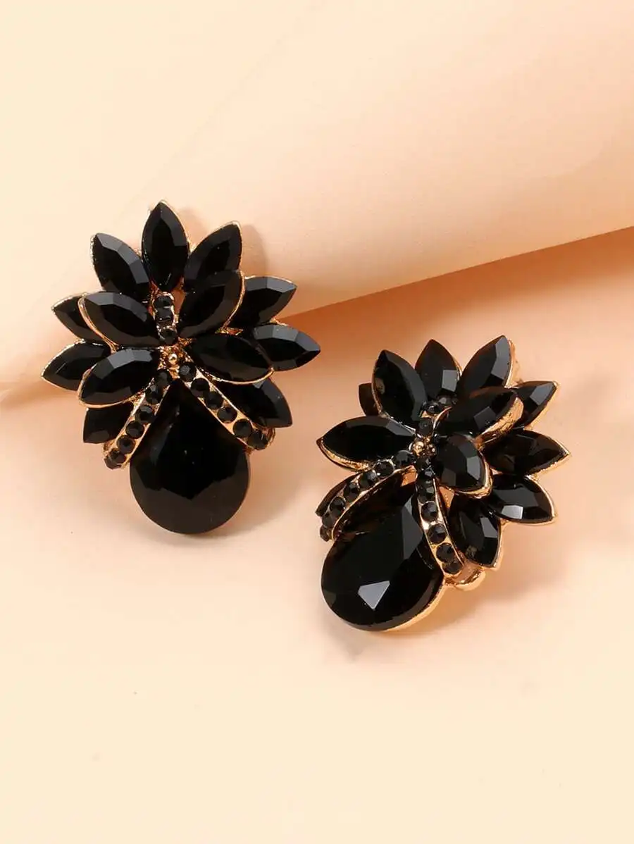 Black Rhinestone Flower Drop Earrings For Women Daily Holiday Wear