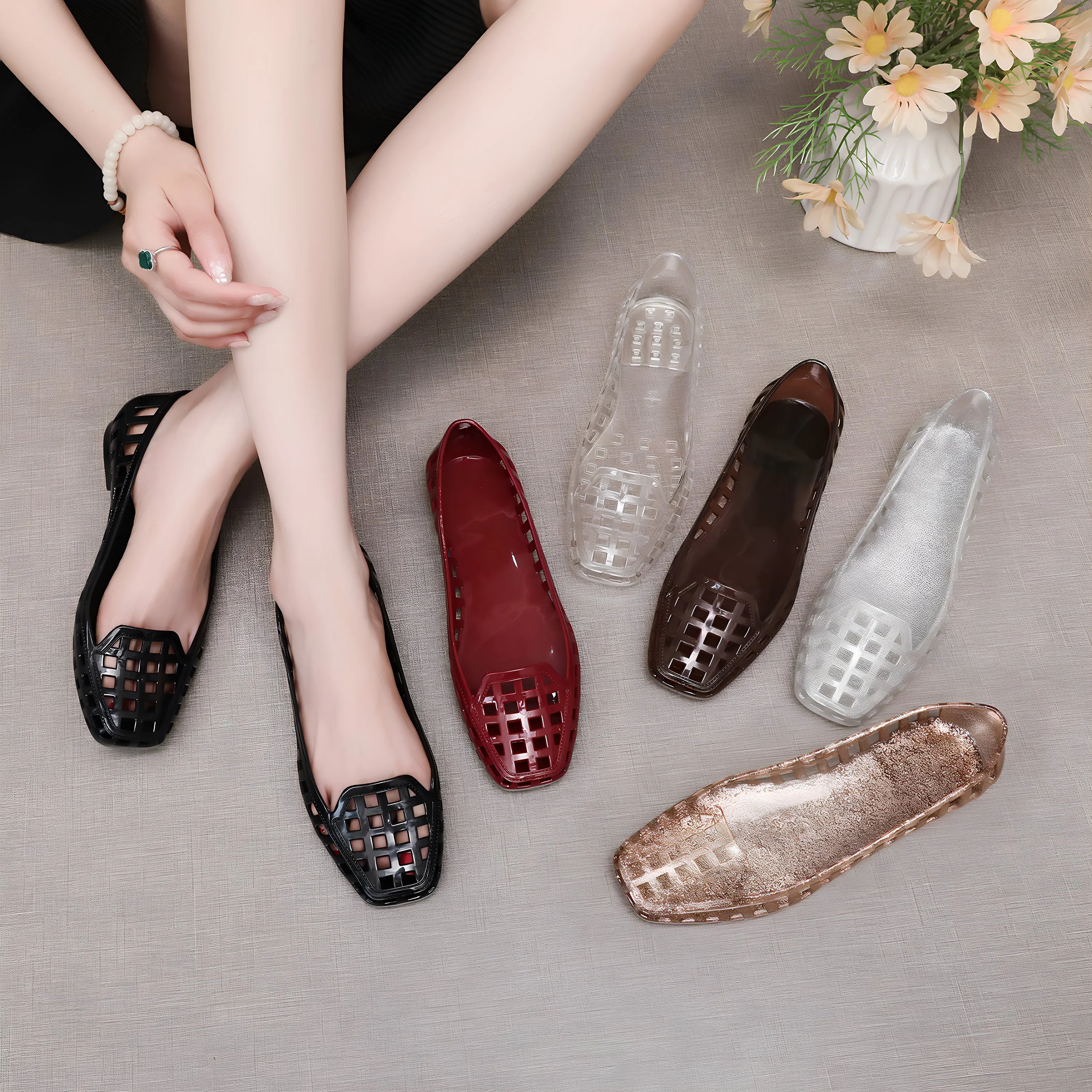 

Женская повседневная обувь без шнуровки на плоской подошве Jelly oes, летняя новая прозрачная обувь с кристаллами и квадратной головкой на низком каблуке