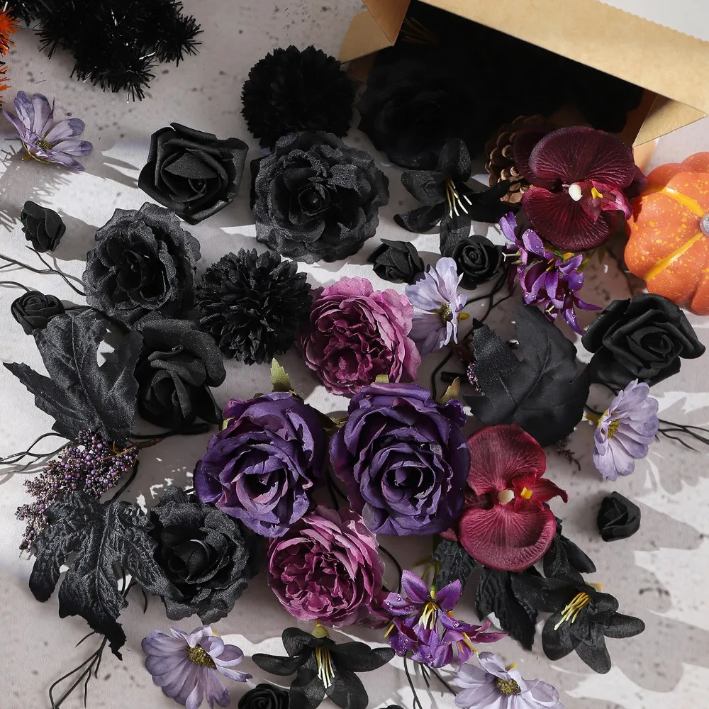 25 Stück Schwarz-Lila Künstliche Blumenköpfe Rose Orchidee Gänseblümchen für Halloween Tischdekoration Dunkle Hochzeit Gothic Dekor Vasen-Accessoire – Detail 9