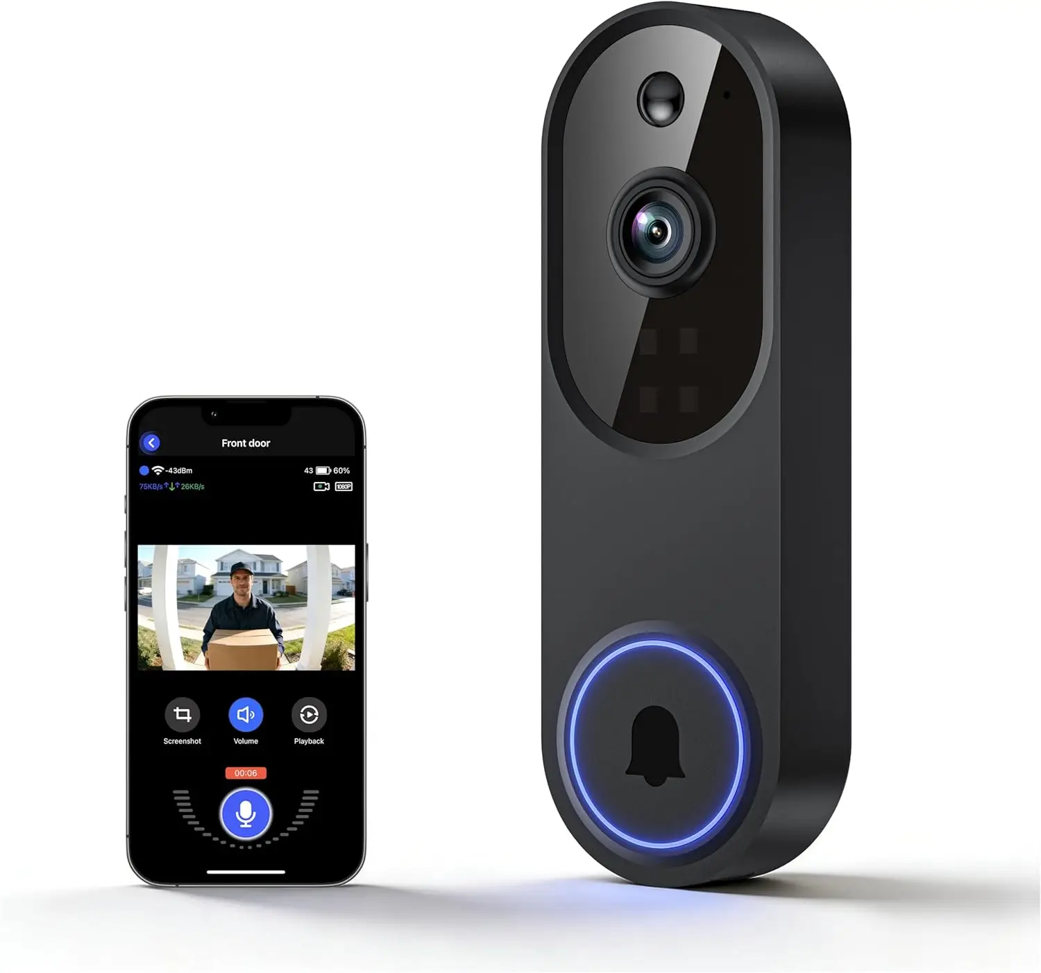 Wireless Video Doorbell with 1080P HD Live View and AI Human Detection, Night Vision, Two Way Audio, 2.4G WiFi Only, Cloud
