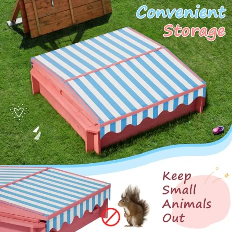 Outdoor wooden kids sandbox with height-adjustable UV-resistant canopy, natural wood color, weatherproof finish, includes lid,