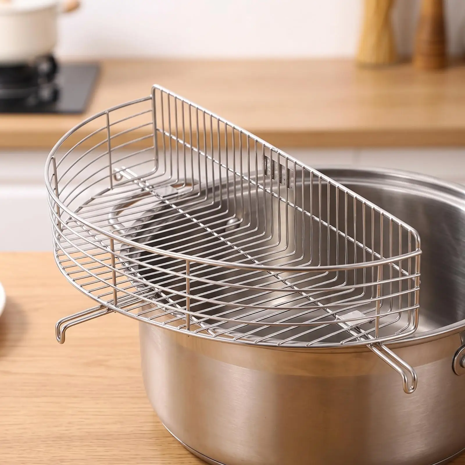 Stainless Steel Frying Oil Drip Rack Basket Semicircular Mesh Draining Tray for Kitchen Pot Cookware