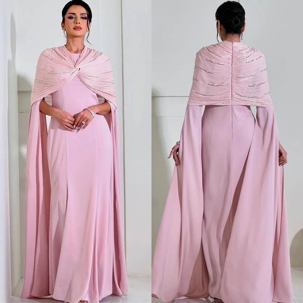 

Customized Elegant Pink Jersey Evening Dress Classic O-Neck Long Sleeves Homecoming Dresses Luxury Special Occasion Gowns