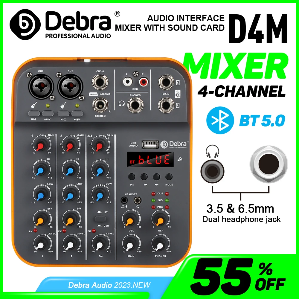 Debra 4-Channel DJ Console Audio Mixer With Bluetooth USB Sound Card 48V For PC Recording Microphone Live Streaming