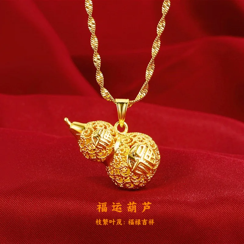 AU999 Gold Necklace Womens Fortune Hollow Double Fortune Gourd Pendant 24K Pure Gold Clavicle Goddess Necklace