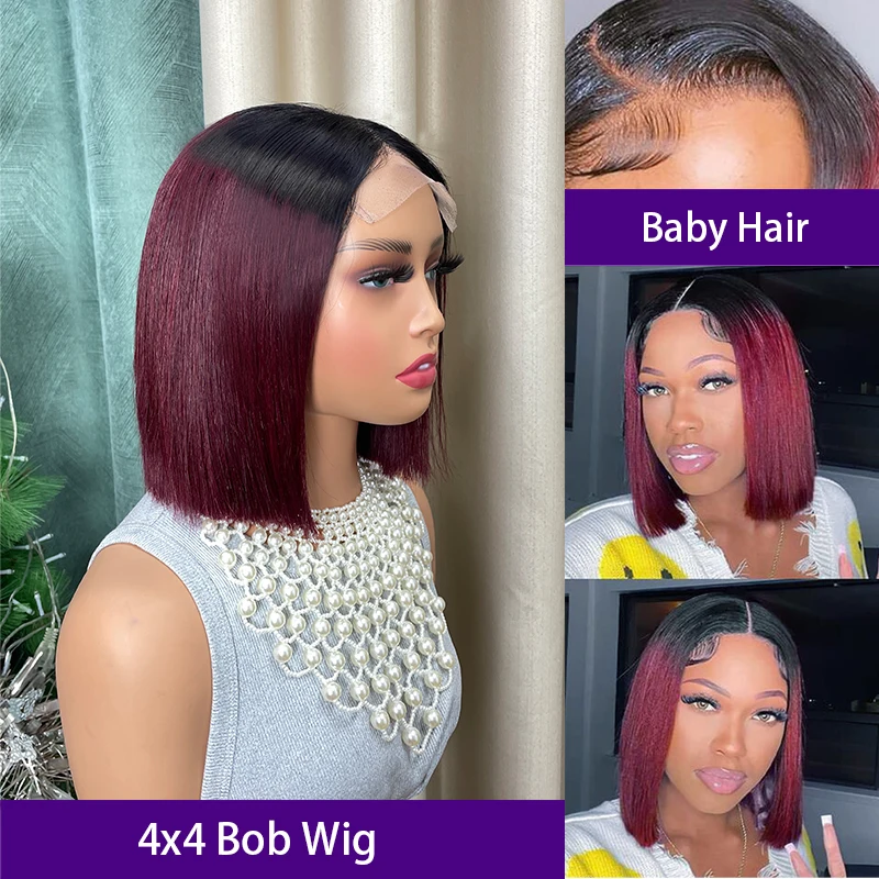 10 Zoll 4x4 Zoll Transparente Front Lace Glueless Kurze Bob-Perücke aus Echthaar, gemischte Farben, brasilianisches Remy Glattes Echthaar Bob-Perücke für Damen
