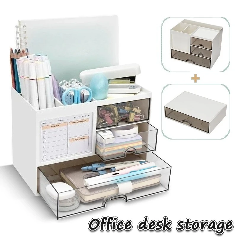 

3 Drawer Desktop Storage Box Combination Organizer with Pen Holder Divided Compartments for Office Stationery Makeup Student