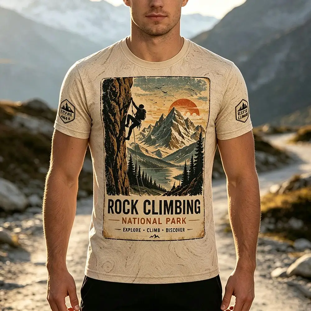 Climbing Graphic T-Shirt Men's Sports Breathable Quick-drying Tee Unisex Outdoor Adventure Hiking Camping O-neck Casual Tops