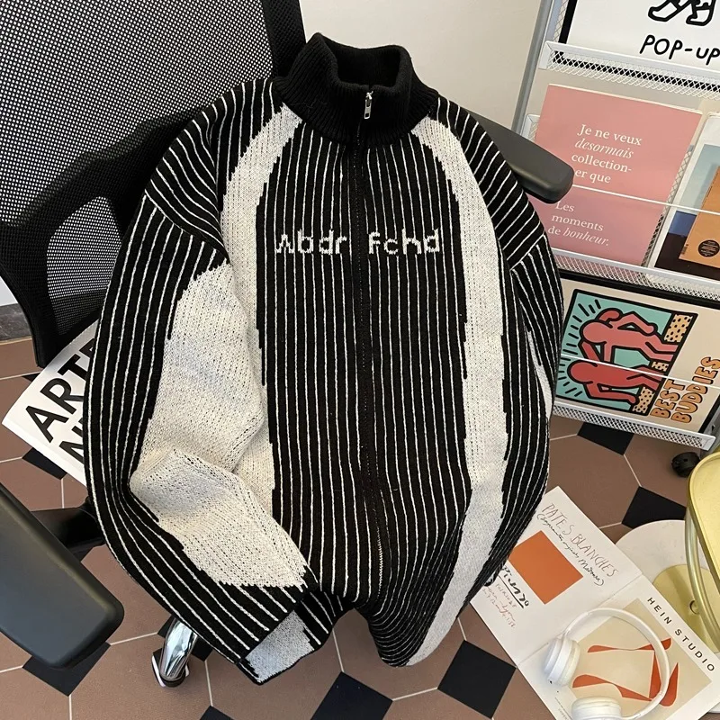 [OIMG] American Fashion Brand Striped Knitted Sweater Jacket Men's And Women's Cardigan Zipper Stand Up Collar