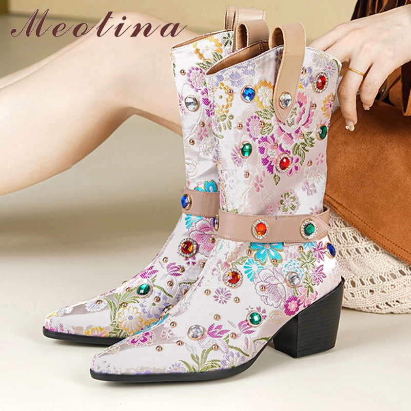 

Meotina Women Ankle Boot Pointed Toe Thick High Heel Embroider Zipper Flower Crystal Western Short Boot Lady Shoes Autumn Winter