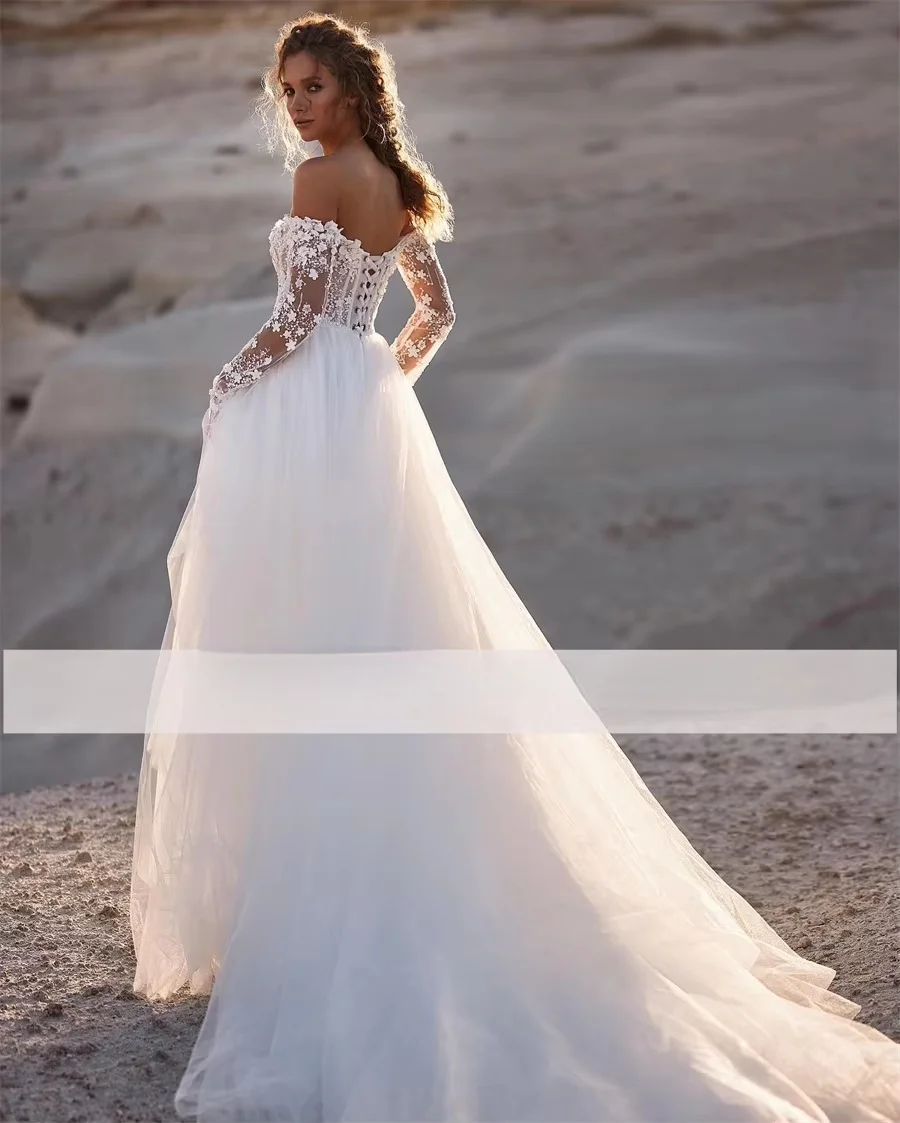 تخصيص قبالة الكتف الدانتيل أعلى 3/4 كم تول فستان الزفاف ألف خط عارية الذراعين ورباط يصل زي العرائس Vestidos de novia