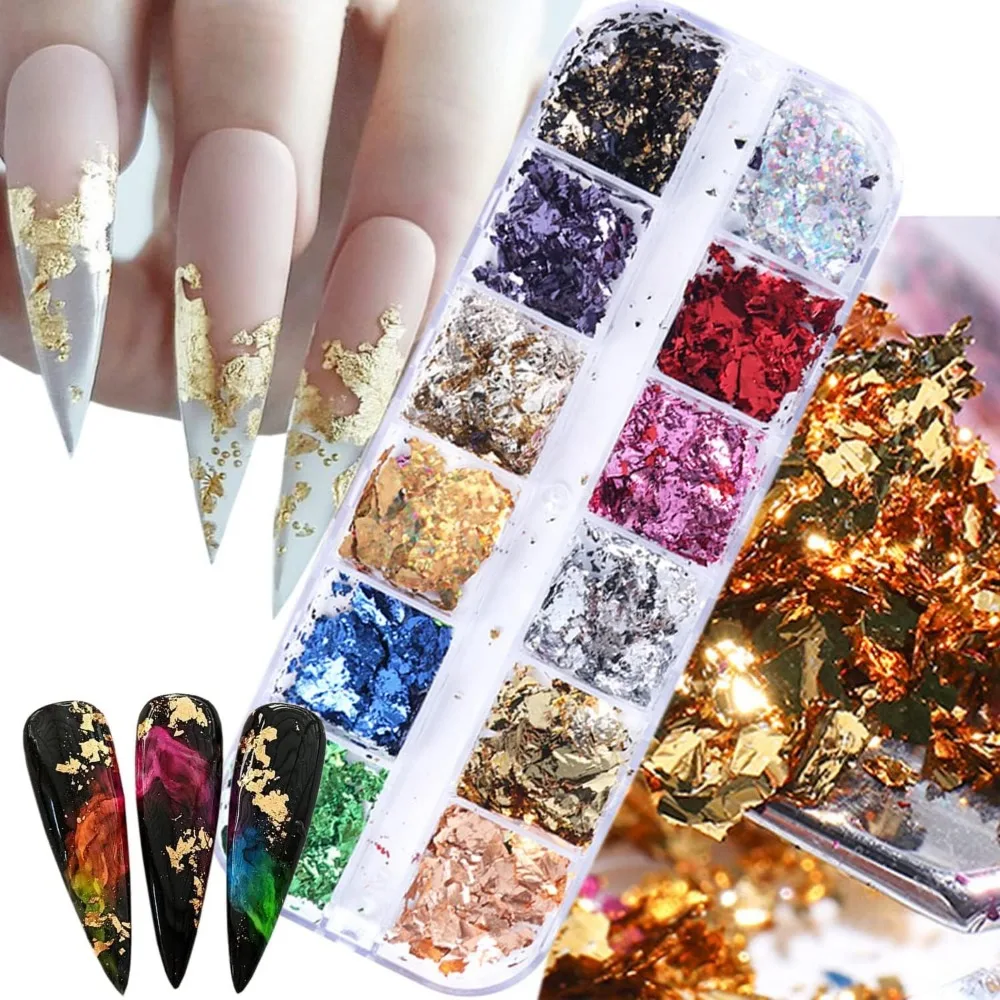 Ultra-Thin Aluminum Foil Nail Art Flakes, 12 Sparkly Holographic Glitters, Laser Sequins for DIY 3D Manicure Charms