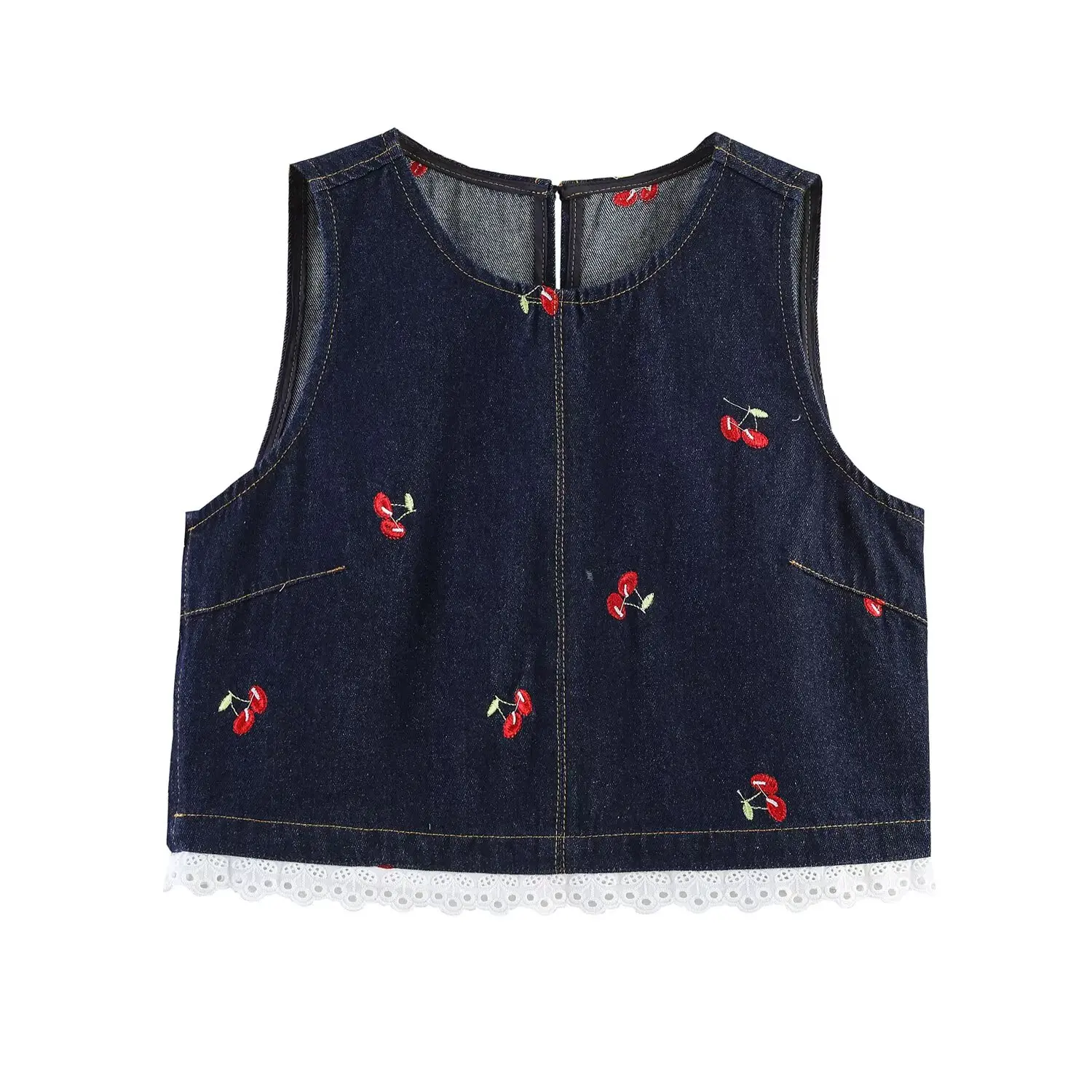 Fashionable Embroidered Washed Denim Short Vest Skirt Set Women's Clothing Casual Style round Neck Button Closure Loose Fit