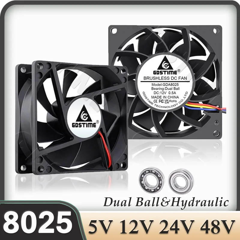 

Gdstime 8025 2Pin 48V Cooling Fan DC 5V 12V 24V 80mm Dual Ball USB Axial Fan 80x80x25mm 8CM Brushless Laptop PC Case Cooler Fan