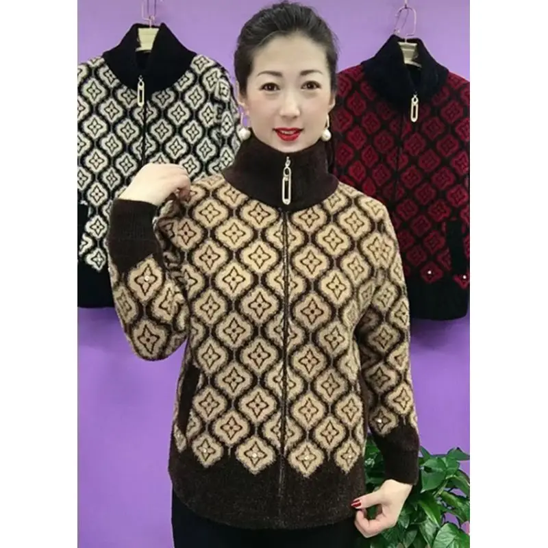 Manteau court en fourrure de vison pour femme, Cardigan tricoté, tendance, décontracté, fermeture éclair, veste épaisse, imprimé de haute qualité, haut à manches longues, automne et hiver