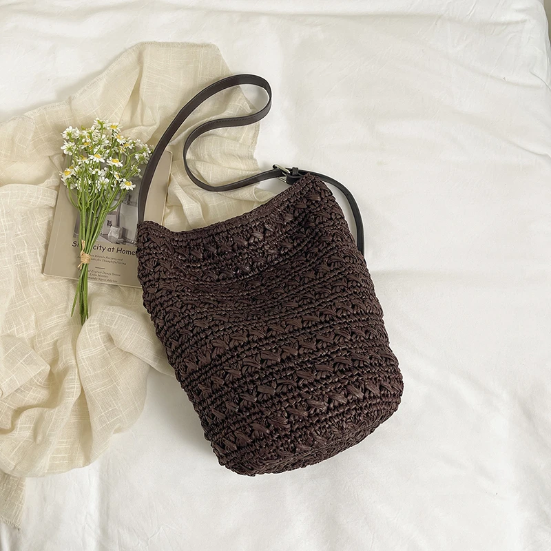 Women'S Raffia Bags - Vintage Koyu Kahverengi Rafya Dokuma Kova