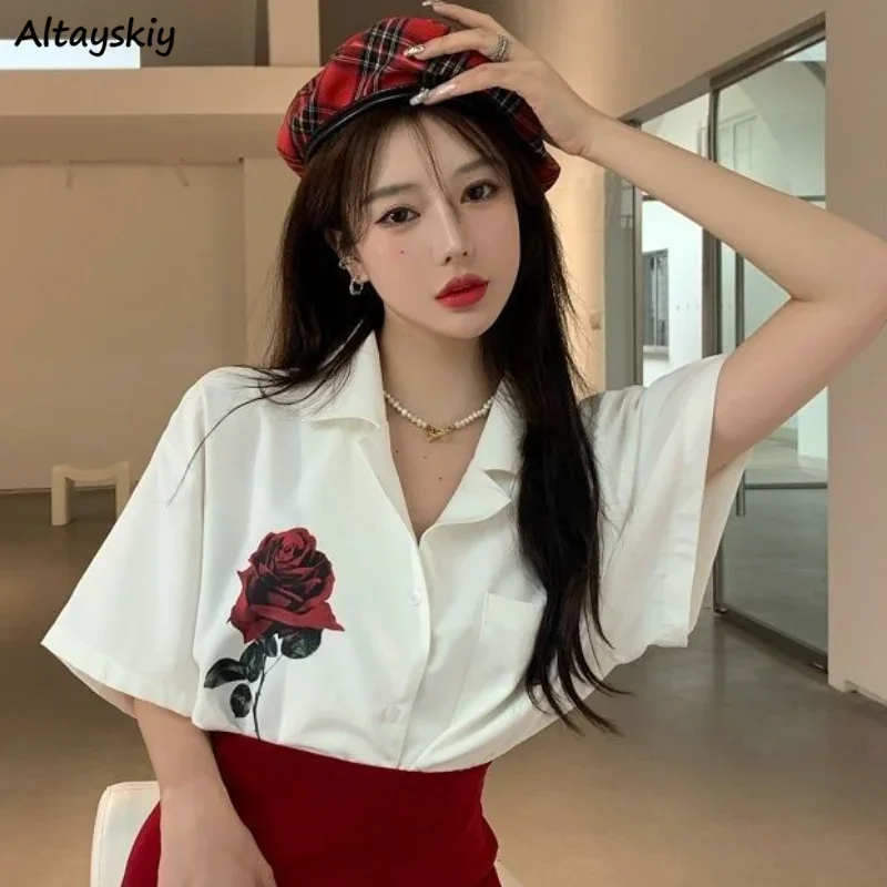 

Shirt Women Summer Printed Floral Stylish Temperament Chic Aesthetic Classic Students Chemise Femme Korean Style Ladies Fashion