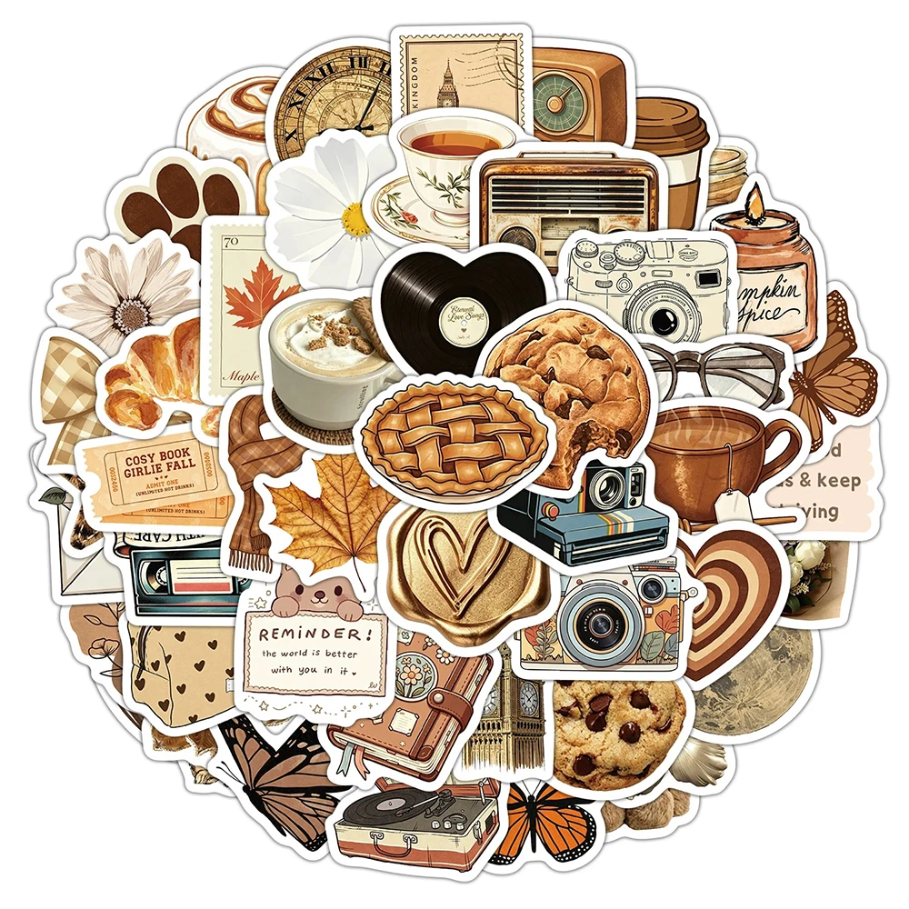 10/30/50pcs Vintage Coffee Brown Aesthetic Stickers Cartoon Bread Cookie Sticker Scrapbook Suitcase Phone Graffiti Decals Decor