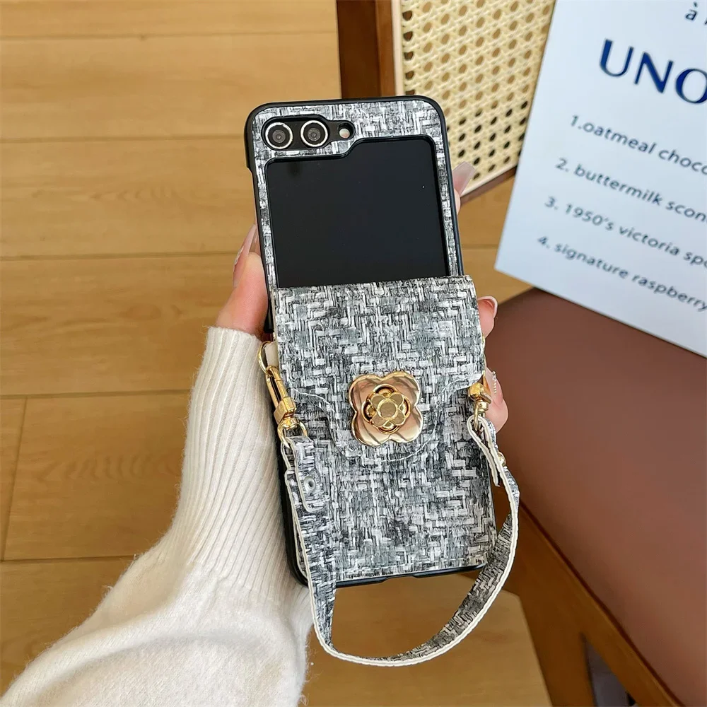 Pulseira de pulso caso de telefone para samsung galaxy z flip 6 5 4 3 flip6 flip5 flip4 flip3 5g titular do cartão mão corda tecer capa de couro do plutônio