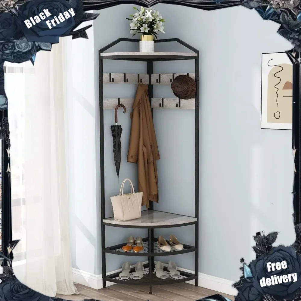 

Grey Corner Hall Tree with Shoe Bench Entryway Coat Rack with 10 Metal Movable Hooks Rustic Farmhouse Floorstanding