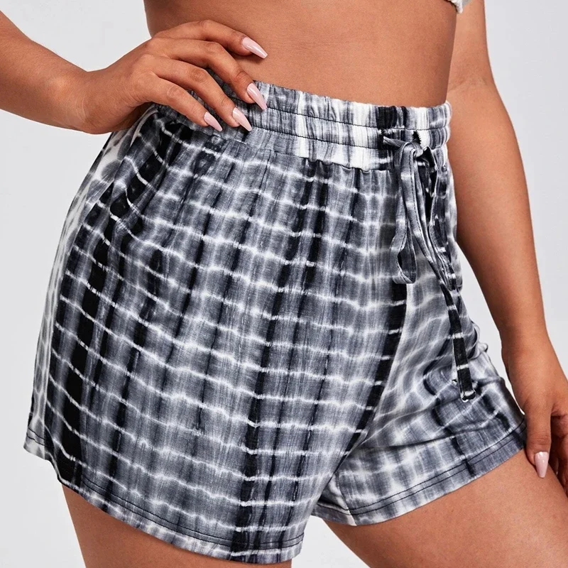 Plus Size Drawstring Waist Summer Casual Tie Dye Shorts Women Black And White Loose Wide Leg Knot Shorts Large Size Sport Shorts