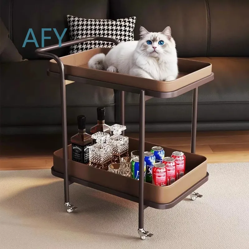 Saddle Leather Side Cart for Living Room Bedroom Office Mobile End Table with Wheels Compact Coffee Tray Space Saver Storage