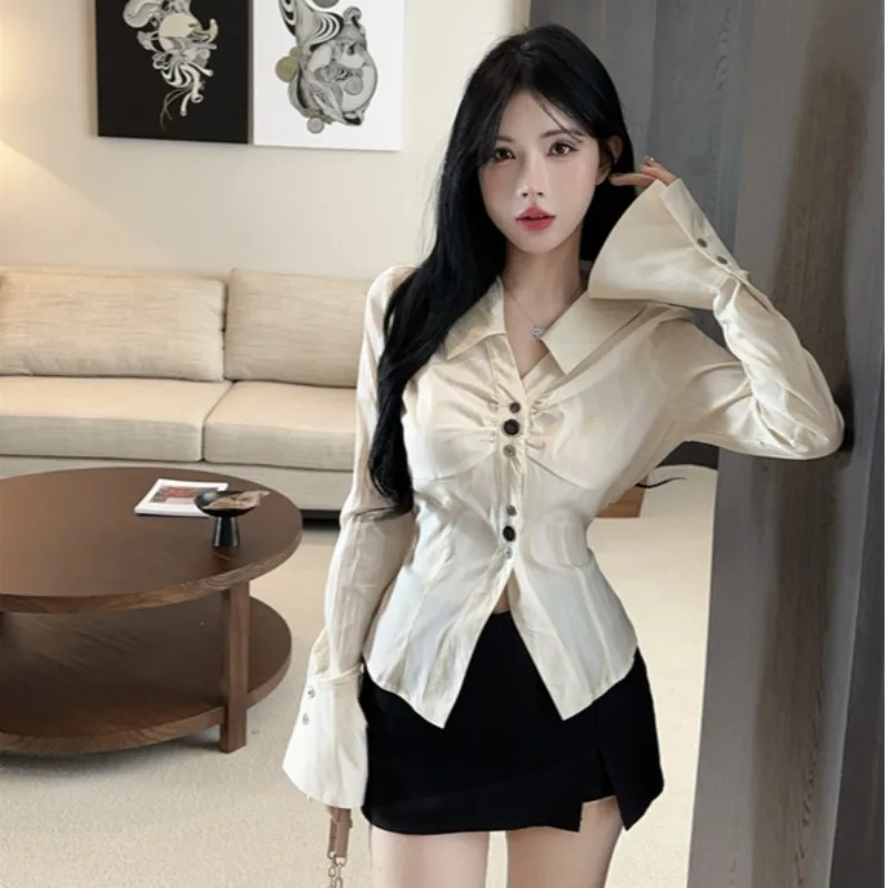 

Рубашки с длинным рукавом, женские атласные топы на пуговицах в горошек, милые женские ретро французские стили, молодежная осенняя офисная одежда