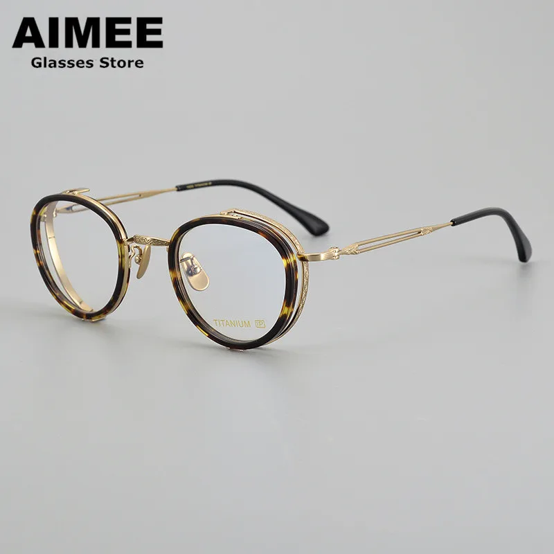 Japanese Densign Hand-carved Glasses Frame Men Round Ultralight Prescription Eyeglasses Women Titanium Myopia Eyewear Spectacles