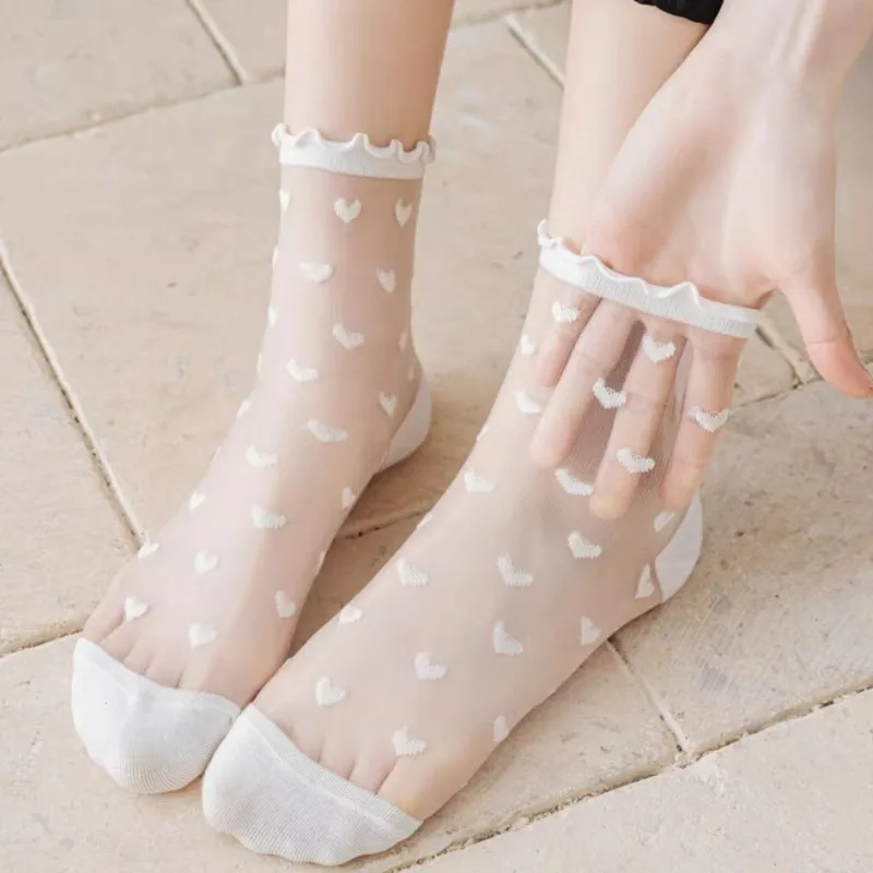 

Women Lolita Love Heart Pattern Transparent Kawaii Socks Y2k Girl Sweet Ruffled Lace Middle Tube Socks Black White Mesh Stocking