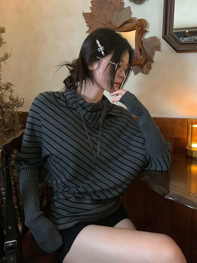 Estética moda listra topos mulher streetwear elegante manga longa t chique coreano vintage malhas pulôver