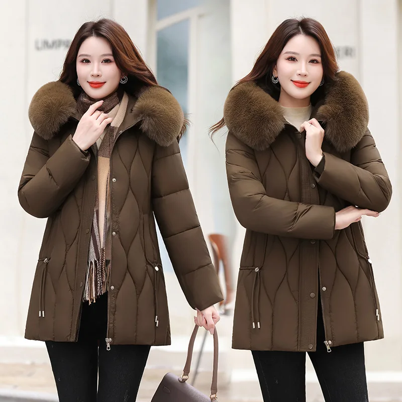 Women Hooded Parkas Coats Mid Lenth Jackets Middle Old Age Oversize Solid Zipper Thick Slim Casual Office Lady 2025 Winter