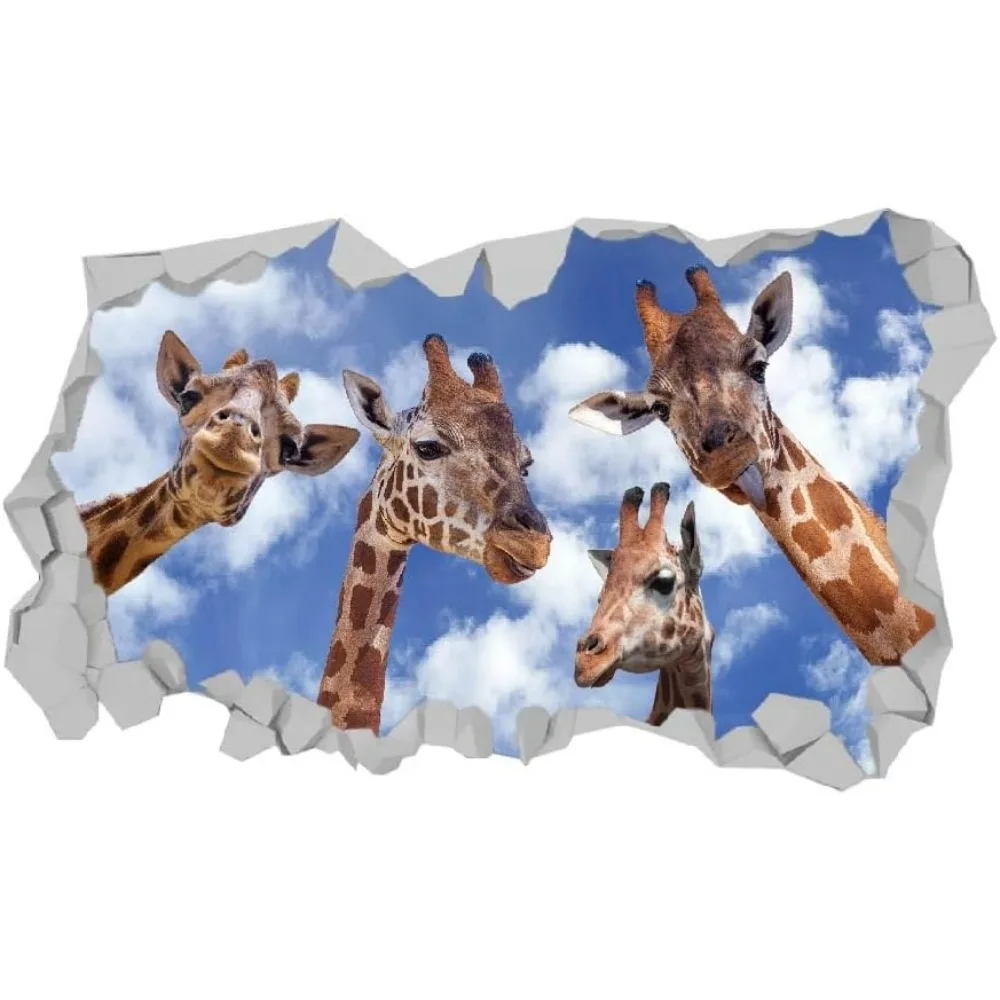 3D Break Giraffes Wall Sticker Giraffes Head Under Sky Wall Decal Vinyl Art Mural Animal Creative Peel and Stick for Bedroom