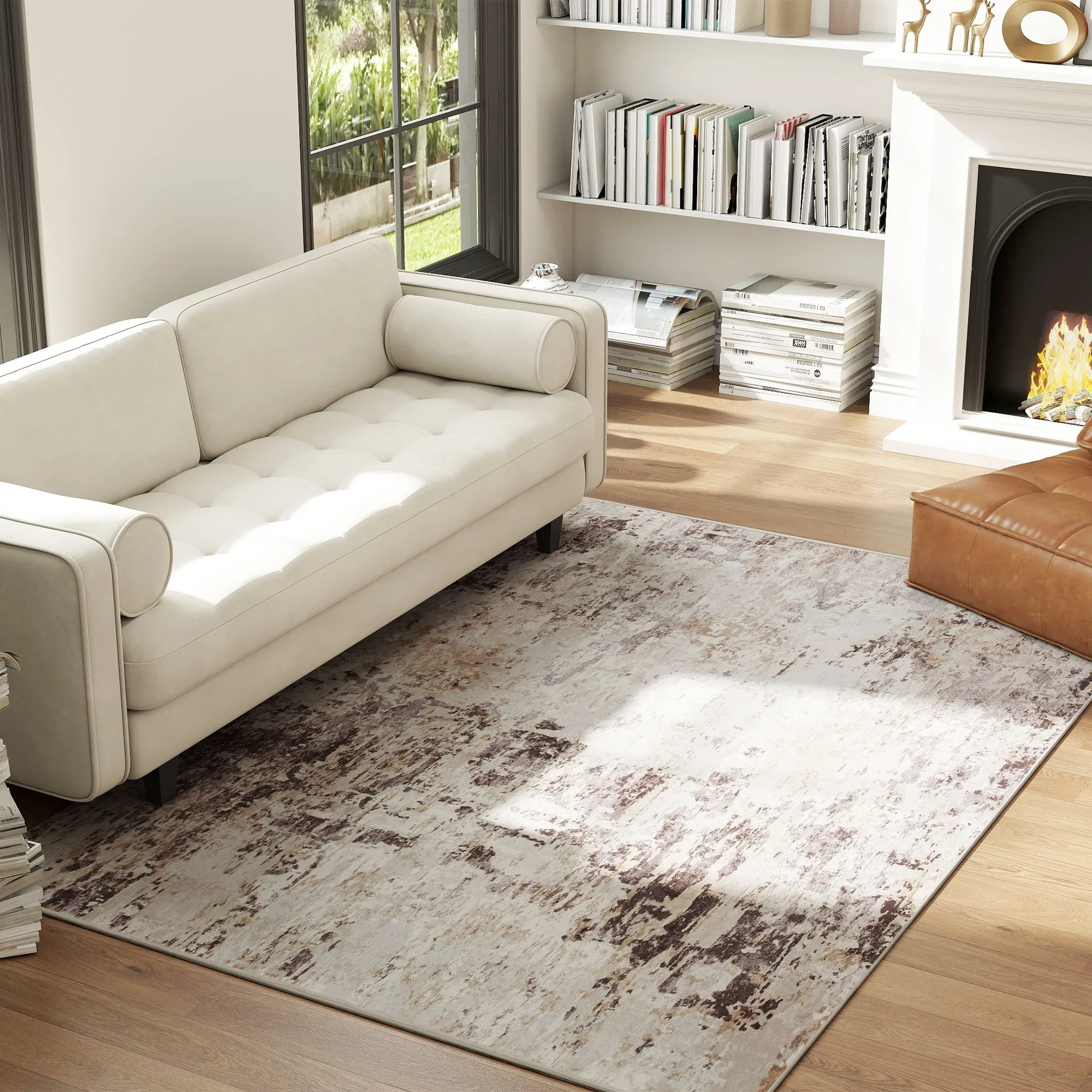 Area Rug 4x6, Machine Washable Rug, Distressed Non-Slip Modern Abstract Floor Cover Foldable Carpetm, Mixed-Brown