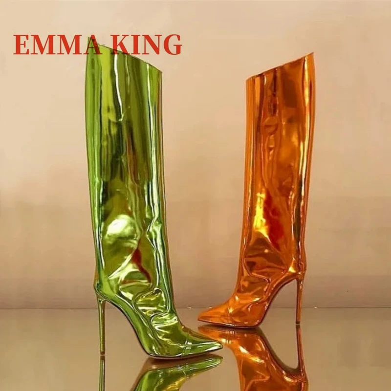 

Shiny Mirror Leather Knee High Women Boots Sexy 12cm Super High Heels Long Boots Female Shoes Spring Autumn Runway Banquet Botas