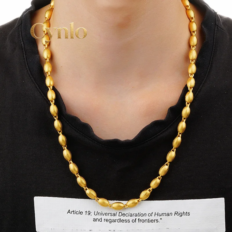 Cynlo Jewelry Men 24K Gold AU999 Solid Olive Bead Necklace - Pure gold, olive symbolizes safety, heavy texture, ideal for giftin
