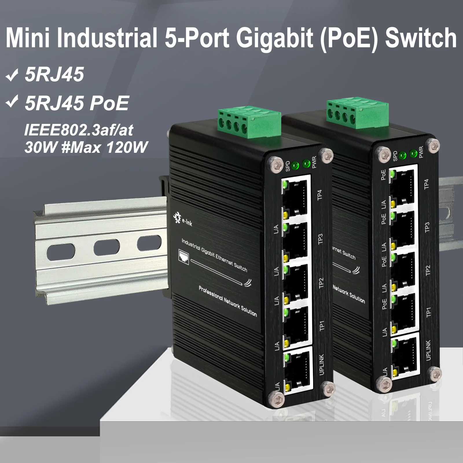 산업용 5 포트 기가비트 이더넷 (PoE) 스위치, 미니 네트워크 스위치, 딘 레일, 벽 마운트, 10Gbps, 100 Mbps, 1000Mbps, 12-48V DC