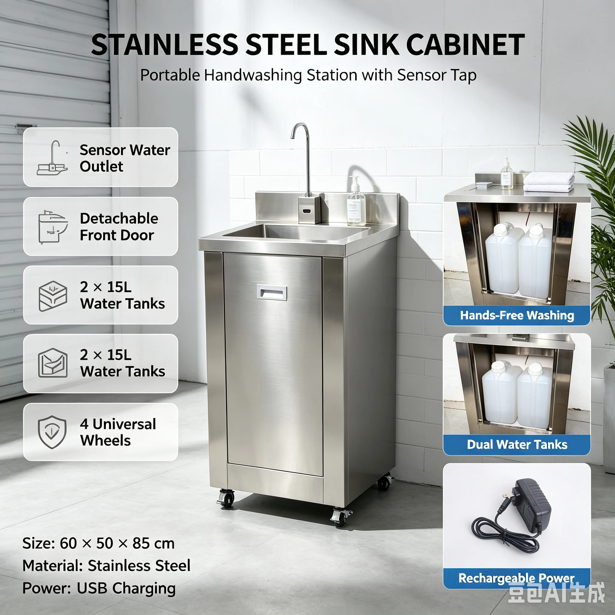 SCY stainless steel mobile washbasin Water storage sink No connection to water induction water outlet washbasin