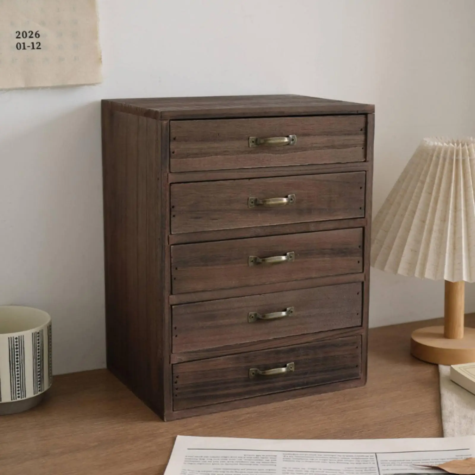 Wooden Desktop Organizer with Drawers Brass Handles Tabletop Storage Box Compact
